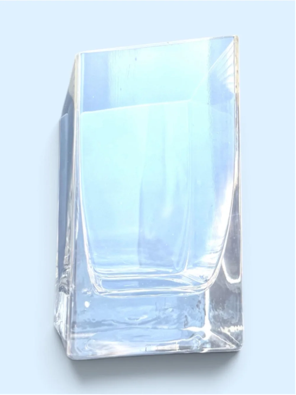 Heavy Clear Art Glass Vase Geometric Square Form with Slanted Rim